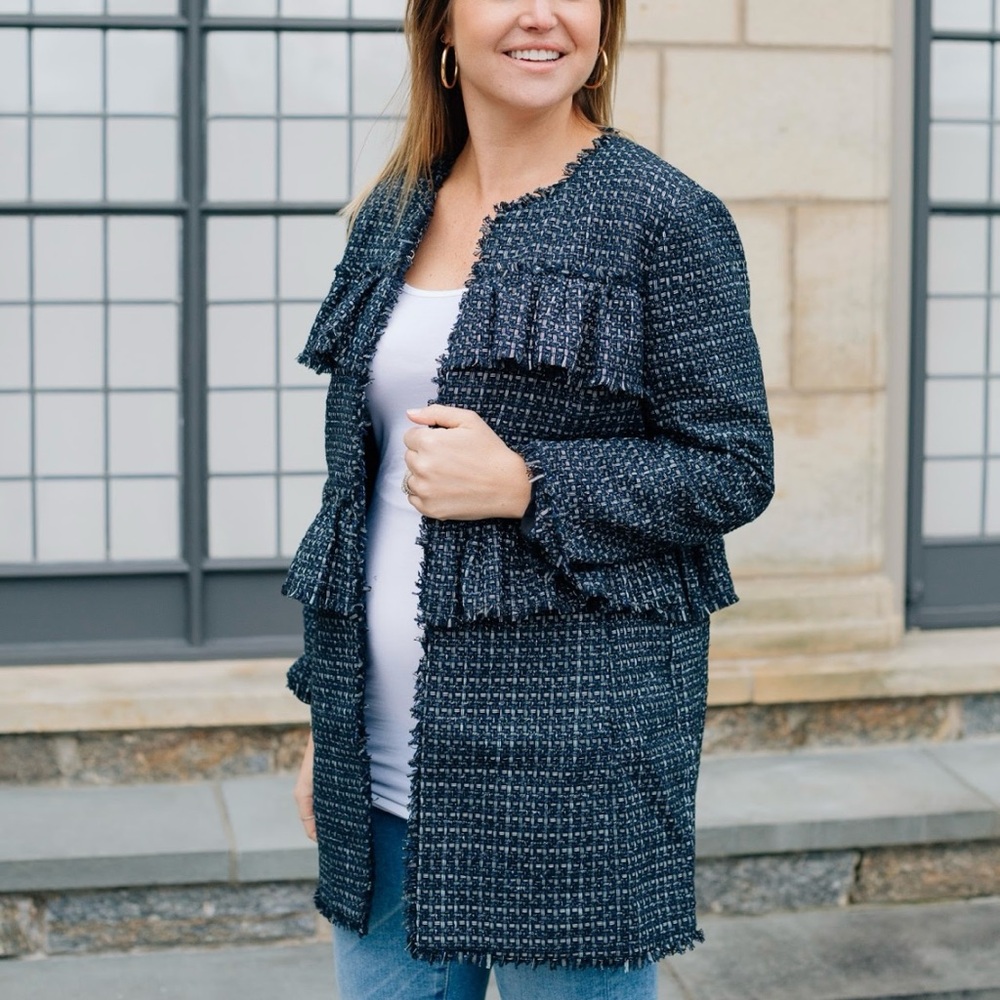 Ann Taylor navy blue metallic tweed ruffle jacket - Picture 5 of 13